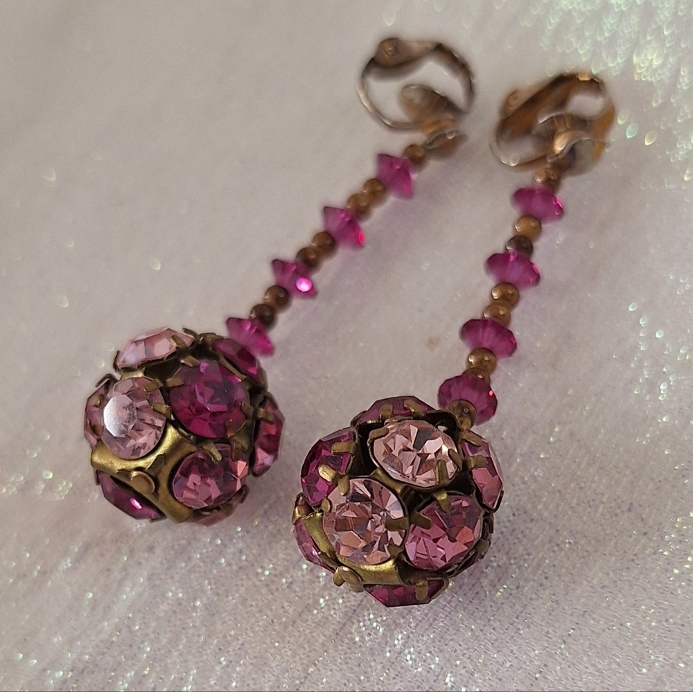 Long Dark and Light Pink Rhinestone   Ball Dangle Earrings Clip On Vintage